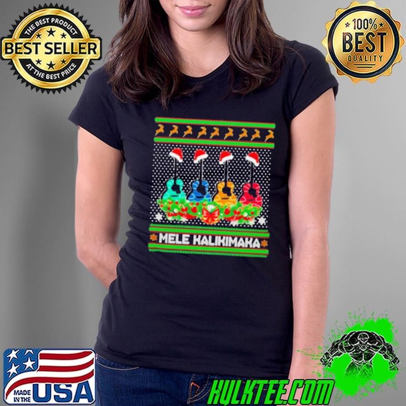 Nice Guitar Mele Kalikimaka ugly Christmas Ladies Tee