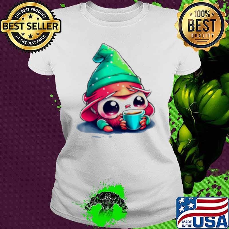 Official Cartoon Elf Drinking Coffee from an Ice Cream Cone Ladies tee