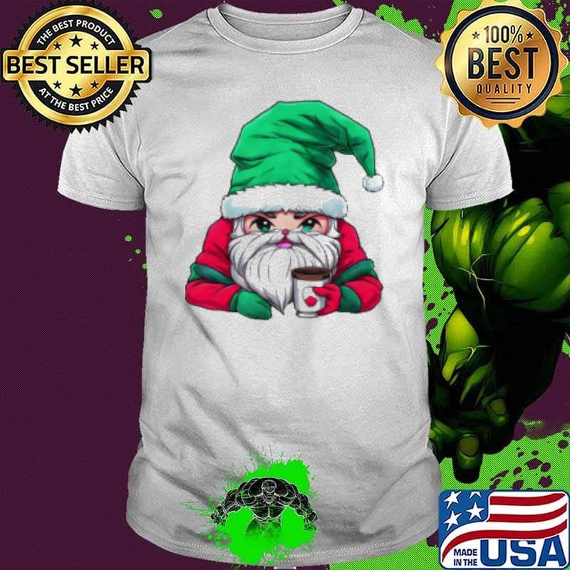 Official Cartoon Santa Claus with Merry Christmas Hat Holding Iced Coffee Shirt