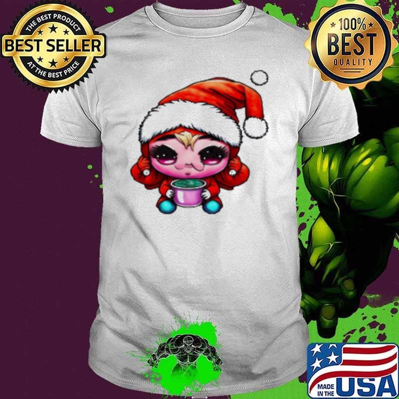 Original Cartoon character wearing santa claus hat and drinking coffee Shirt