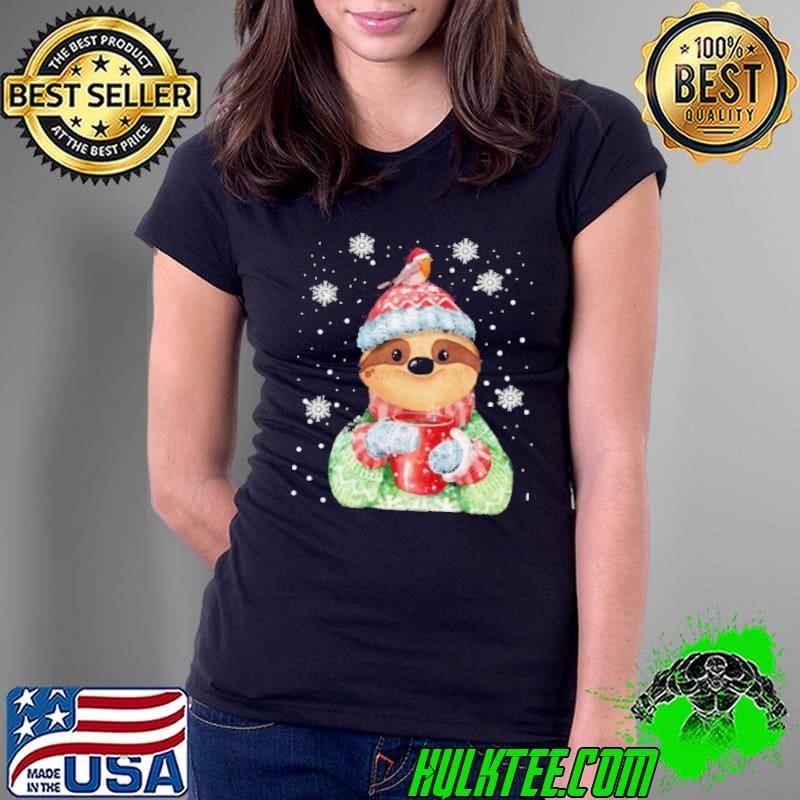 Sloth Drinks Coffee Merry Christmas Ladies Tee