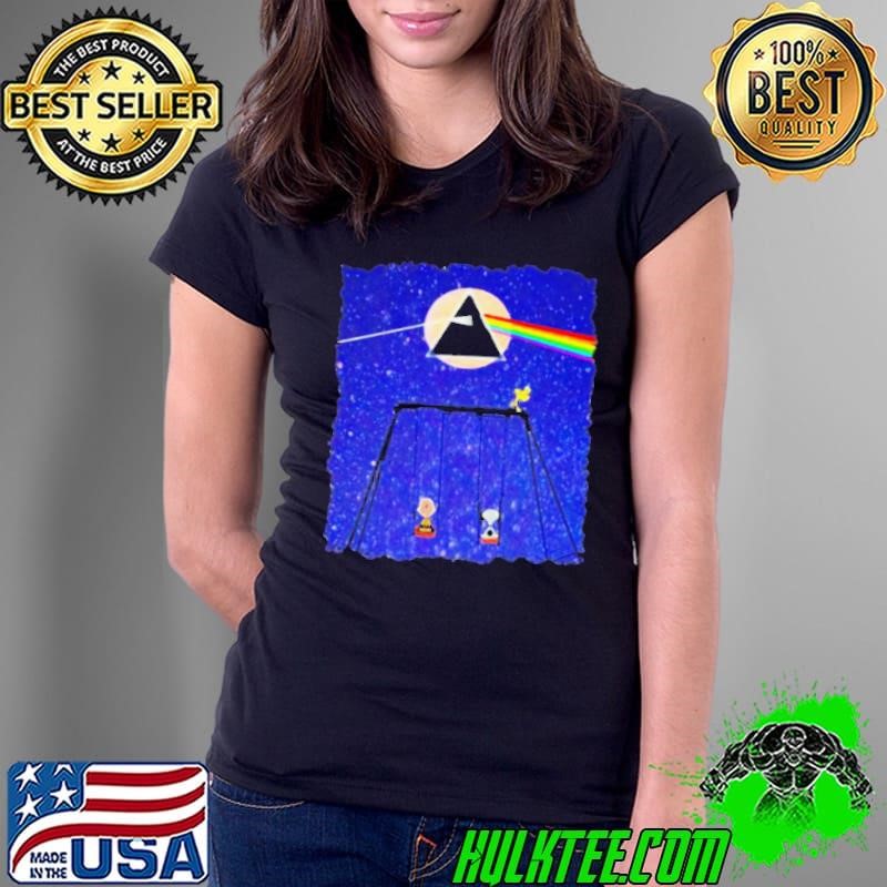 Snoopy Woodstock And Friend Watching Moon Pink Floyd Ladies Tee