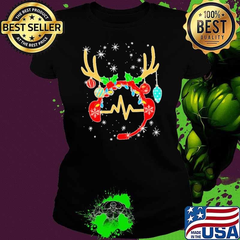 Christmas Gamer Reindeer Headset Heartbeat Ladies tee