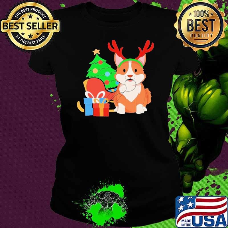 Corgi Dog Santa Reindeer Christmas Ladies tee
