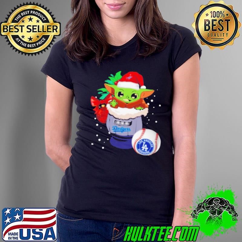 Los Angeles Dodgers Christmas Baby Yoda Star Wars Funny Happy MLB Ladies Tee
