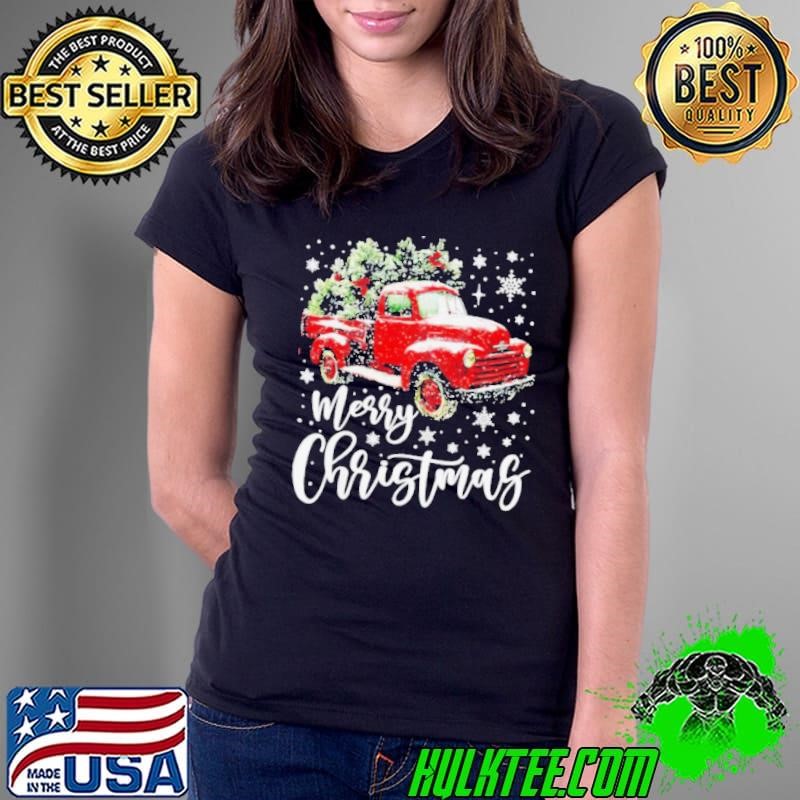 Merry Christmas Red Truck Christmas Tree Ladies Tee
