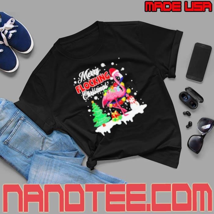 Merry Flocking Christmas Flamingo pink in Santa hat Xmas shirt