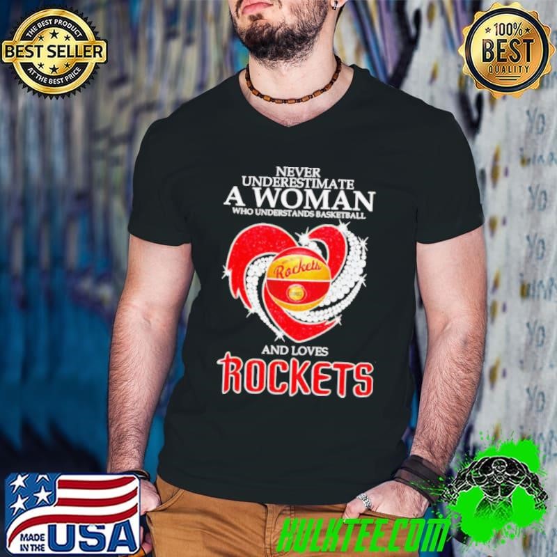 Never underestimate a woman and love Rockets heart Guys V Neck