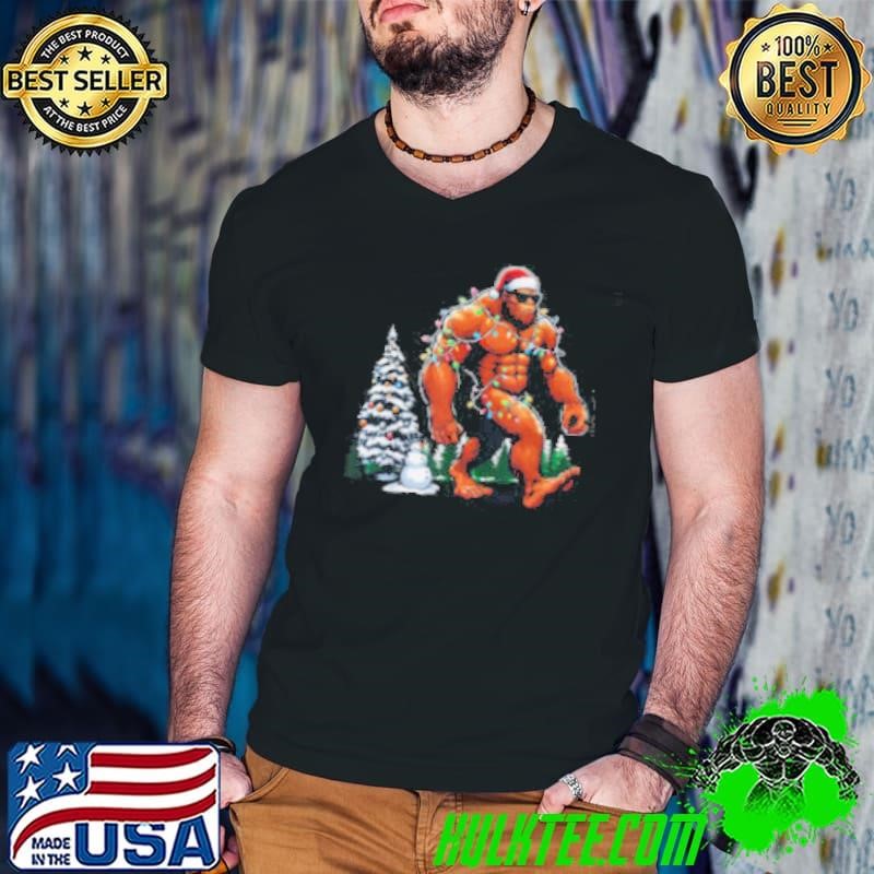 Santa Bigfoot Christmas Tree Lights Funny Sasquatch Believe Shirt