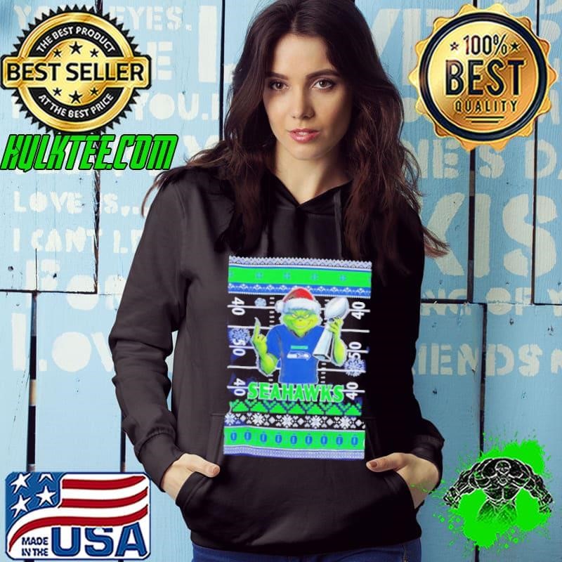 Seattle Seahawks X Grinch Christmas with Super Bowl Trophy ugly Christmas shirt