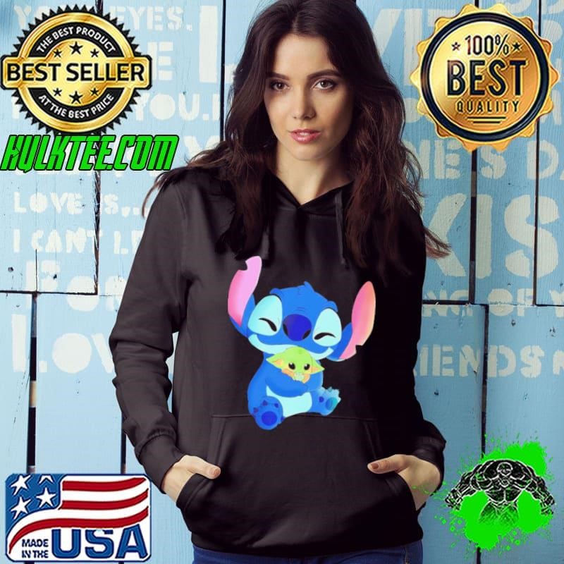 Stitch hugging Baby Yoda Mandalorian cartoon shirt