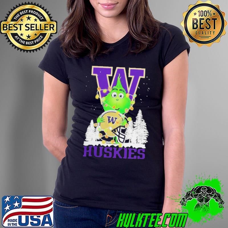 The Grinch Hug Washington Huskies Helmet Christmas Ladies Tee