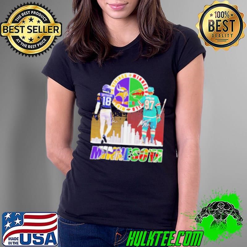 Vikings Justin Jefferson x Wild Kirill Kaprizov Minnesota skyline Ladies Tee
