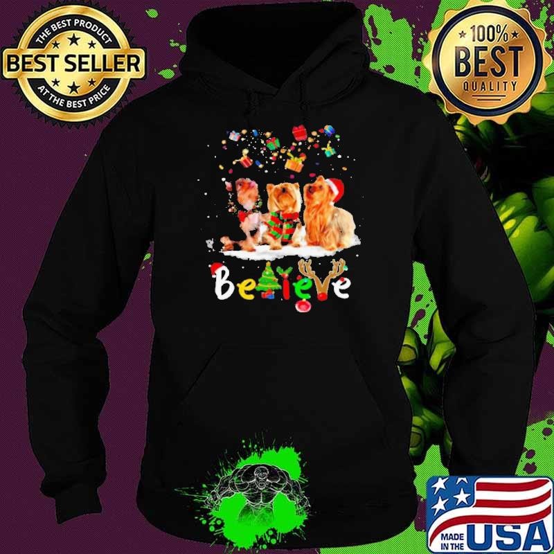 Yorkshire Terrier Dog Santa Claus Hat Believe Gift Christmas Hoodie