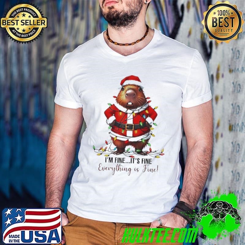 Capybara Santa Claus I’m fine it’s fine Christmas lights Guys V Neck