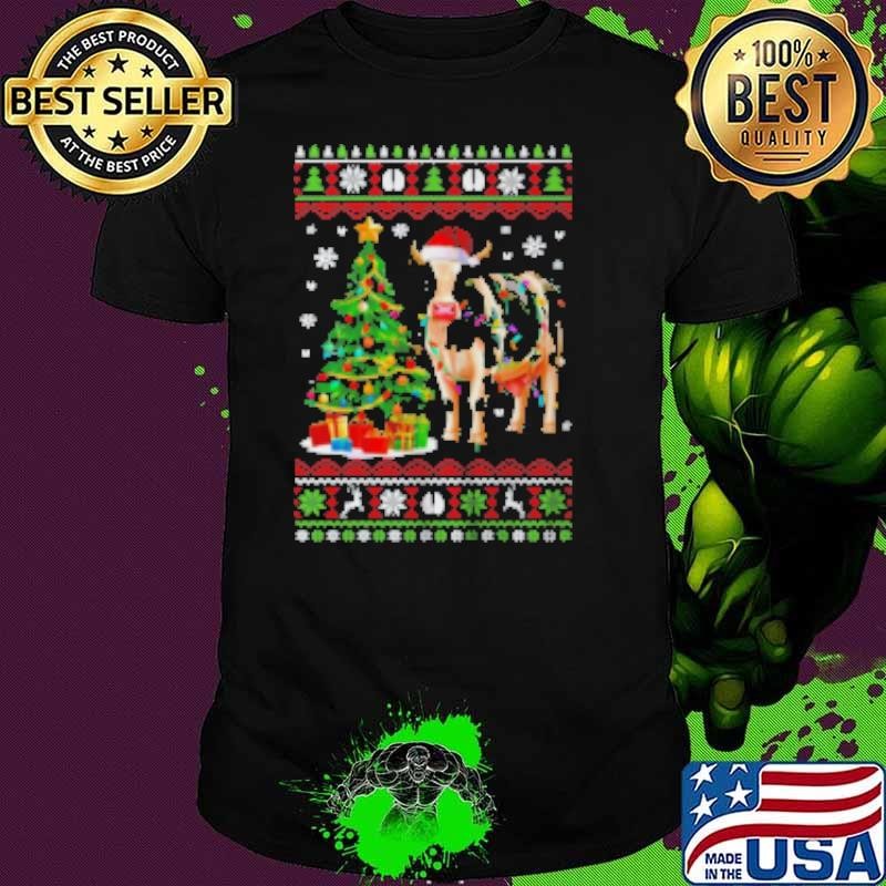 Cute Cow Ugly Christmas Tree Santa Hat Xmas Lights Farmer Shirt