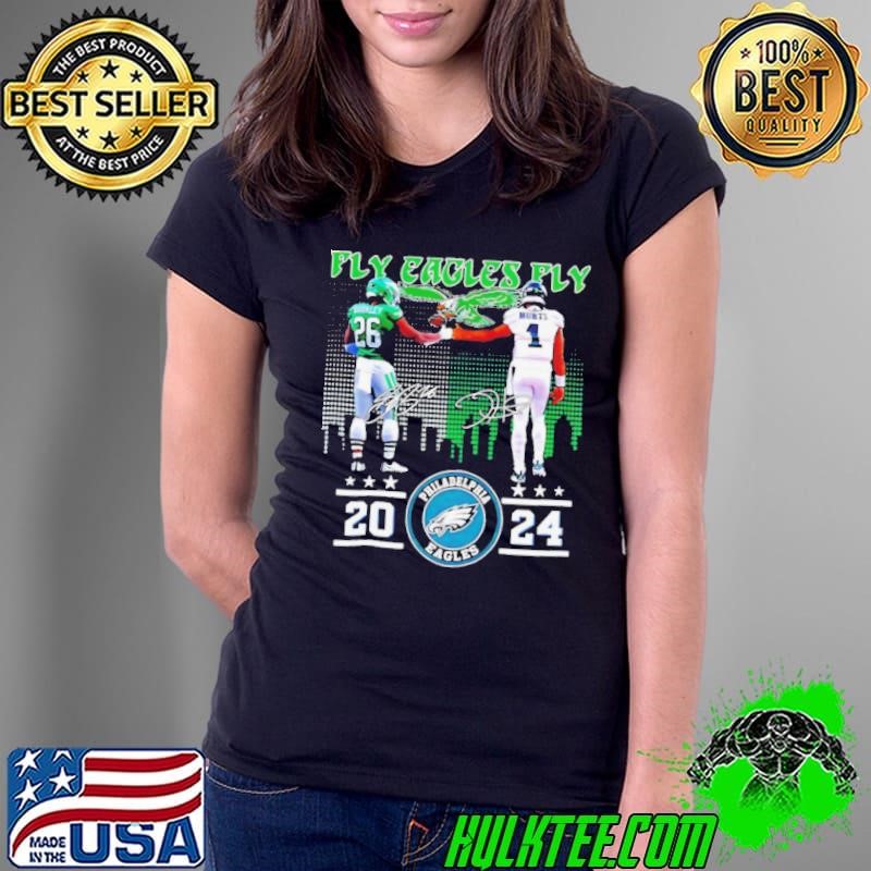 Fly Eagles Fly 2024 Eagles Saquon Barkley and Jalen Hurts skyline Ladies Tee