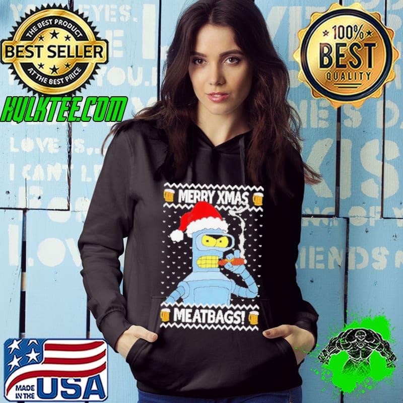Futurama Bender smoking a cigar Merry Xmas Meatbags Hoodie