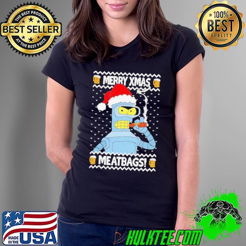 Futurama Bender smoking a cigar Merry Xmas Meatbags Ladies Tee