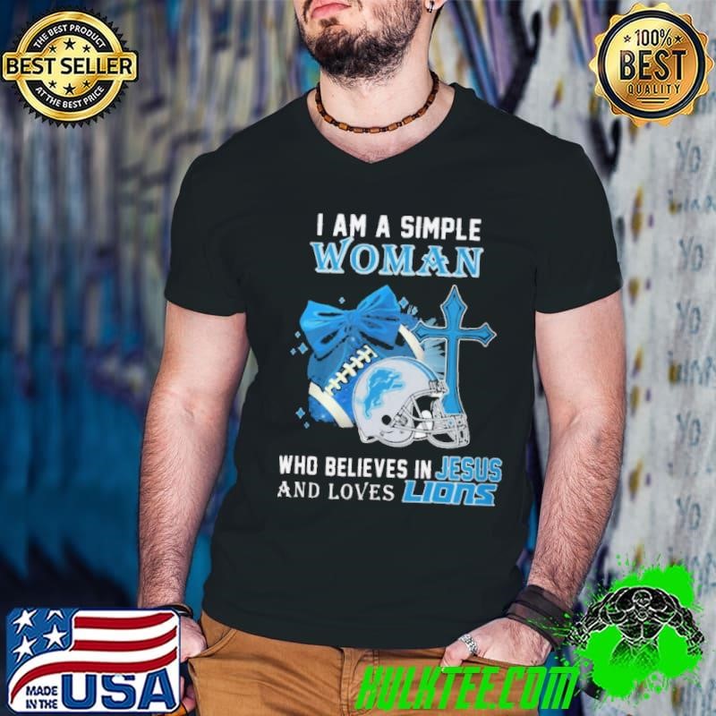 I Am A Simple Woman Who Believes In Jesus And Loves Lions Guys V Neck