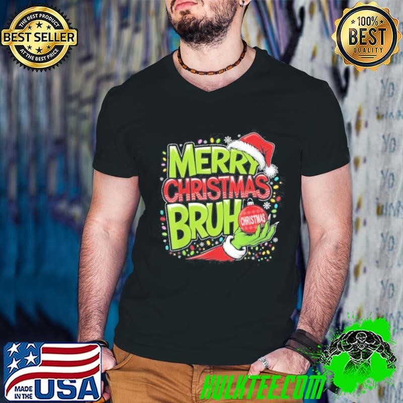 Merry Christmas Bruh Green Hand Santa Hat Xmas Family Pjs Shirt
