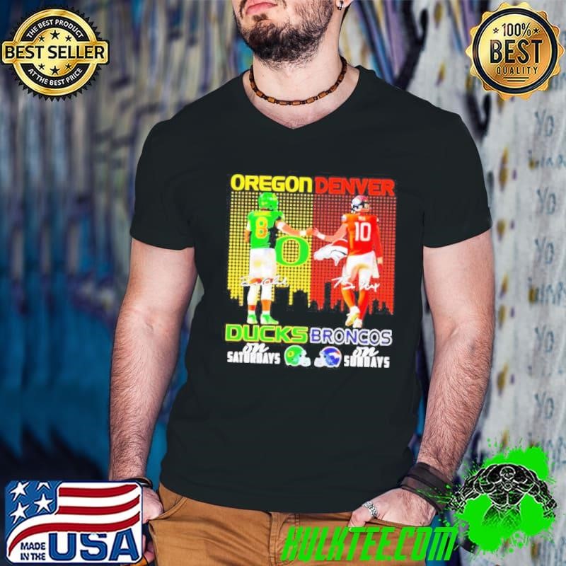 Oregon Ducks on saturdays and Denver Broncos on sunday city skyline signatyres shirt
