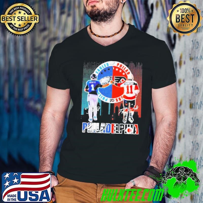 Philadelphia city skyline Hurts Philadelphia Eagles and Konecny Philadelphia Flyers signature shirt