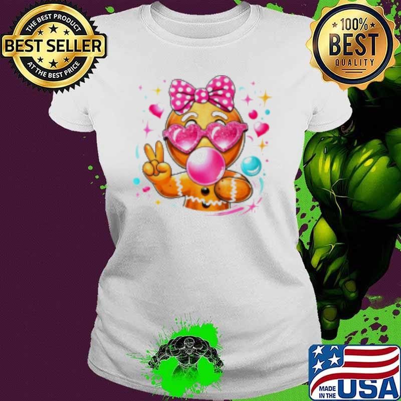 Pink Gingerbread Girl With Sunglasses Blowing Bubble Xmas Shirt