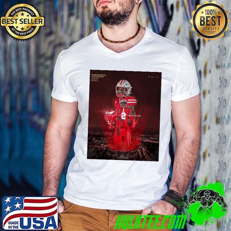 Poster Ohio State Buckeyes Vs Tennessee Vols Caleb Downs And Jeremiah Smith 12 21 24 1St Round CFP Guys V Neck