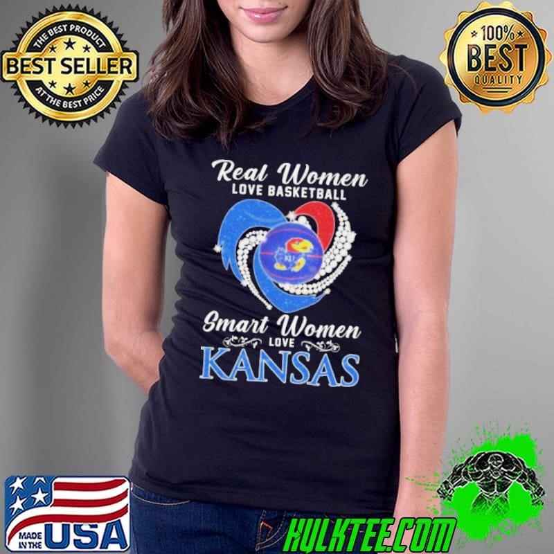 Real Women Love Basketball Smart Women Love Kansas Jayhawks Diamond Heart 2024 Ladies Tee
