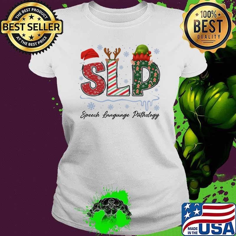 SLP Speech Language Pathologist Christmas Santa Hat And Elf Hat Ladies tee