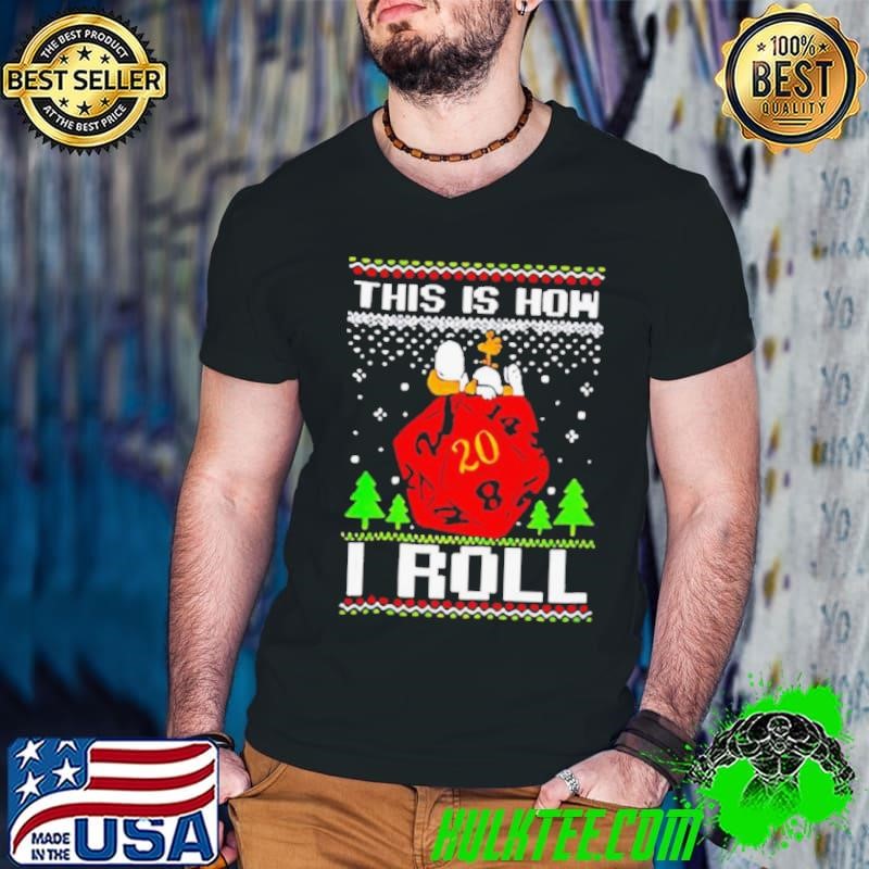 Snoopy and Woodstock atop a D20 this is how I roll ugly Christmas shirt