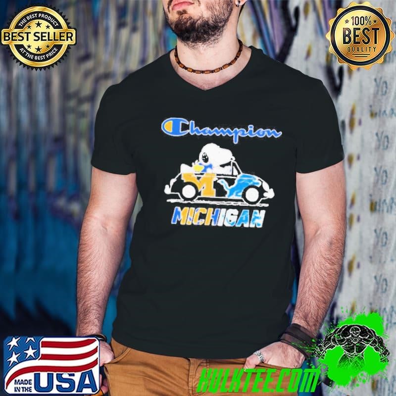 Snoopy and Woodstock driving car Wolverines and Lions champions Michigan shirt