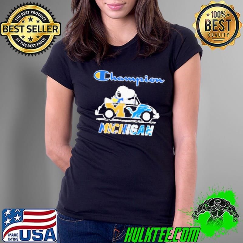 Snoopy and Woodstock driving car Wolverines and Lions champions Michigan Ladies Tee