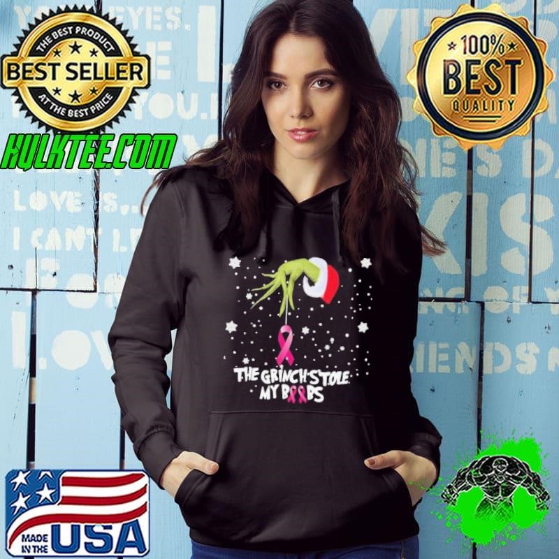 The Grinch Hand holding Breast Cancer the Grinch stole my boobs Merry Christmas 2024 Hoodie