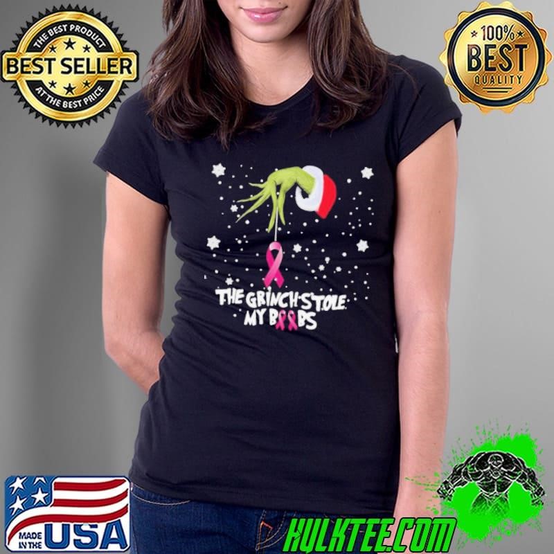 The Grinch Hand holding Breast Cancer the Grinch stole my boobs Merry Christmas 2024 Ladies Tee