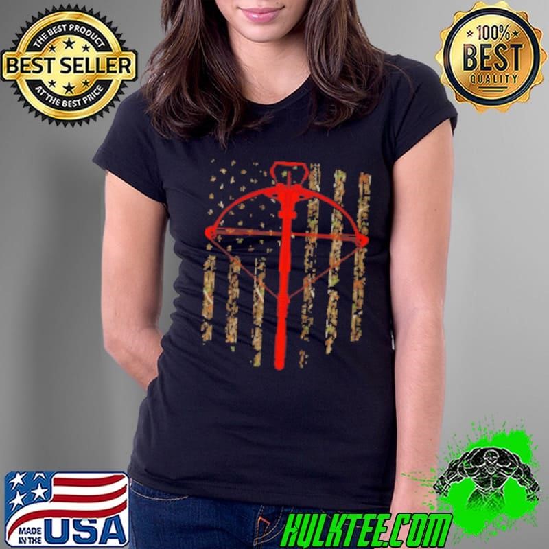 Crossbow Archery Bow Hunting Camo American Flag Distressed Shirt
