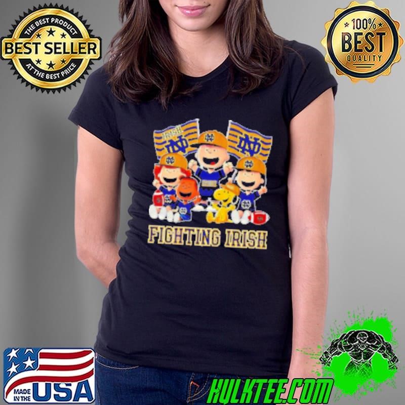 Snoopy Charlie Brown and Friends Notre Dame Fighting Irish Flags Ladies Tee