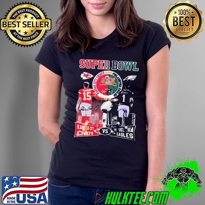 Kansas City Chiefs Mahomes And Philadelphia Eagles Hurts Super Bowl 2025 Signature Ladies Tee