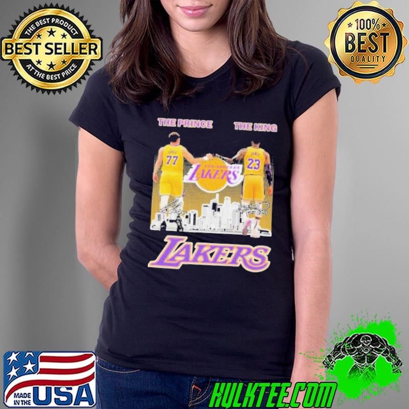 Luka Doncic X Lebron James Los Angeles Lakers NBA Number 77 The Prince Number 23 The King Signatures Ladies Tee