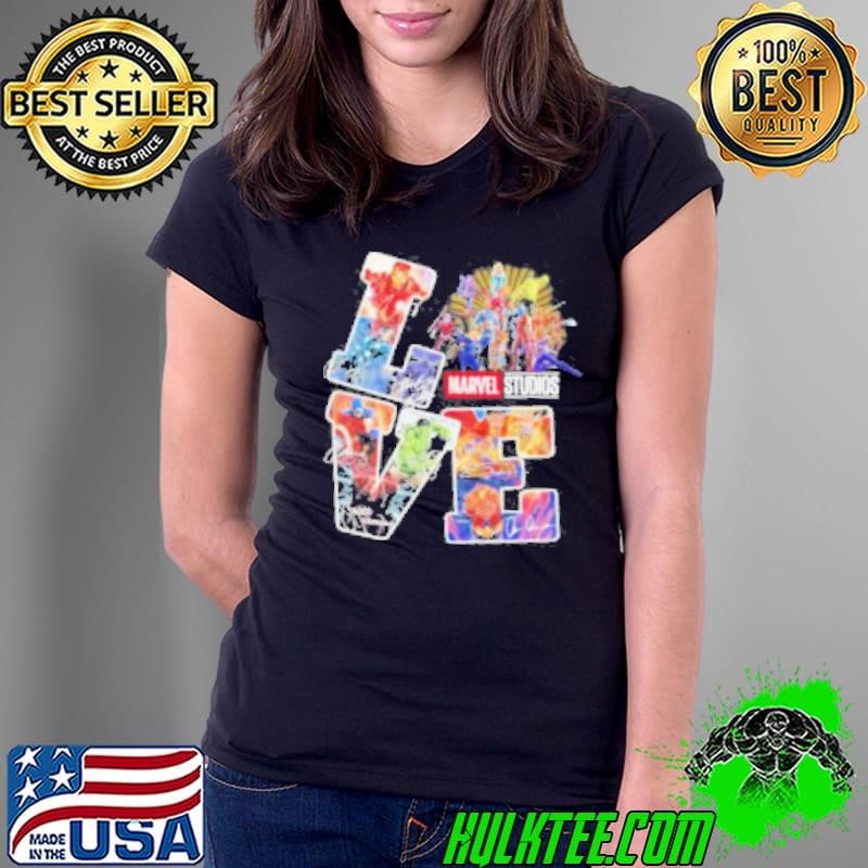 Premium love heroes art marvel studios iron man captain america thor black panther signatures Ladies Tee