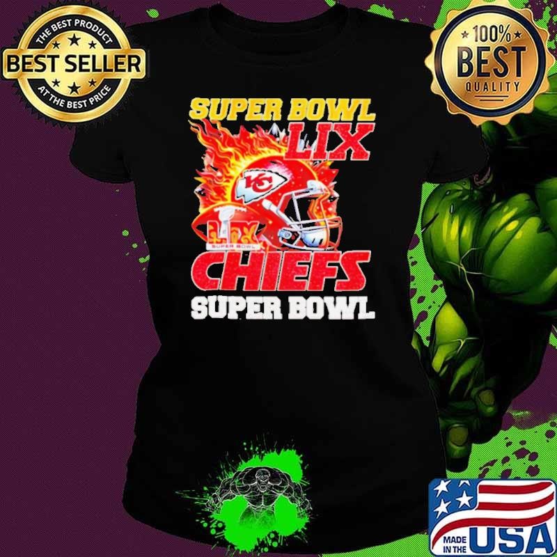 Super Bowl 2025 LIX Champions helmet on fire Chiefs shirt