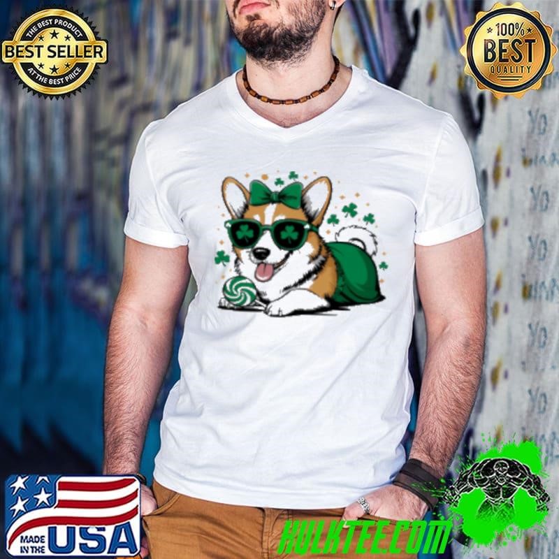 Corgi St Patty’s Boy Cute Wearing a Shamrock glasses Guys V Neck