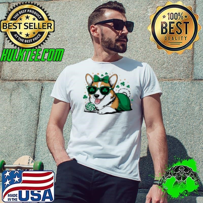 Corgi St Patty’s Boy Cute Wearing a Shamrock glasses Shirt