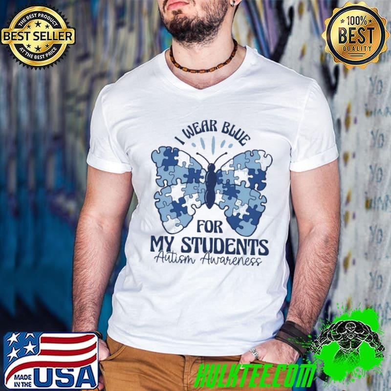 I Wear Blue For My Students Autism Teacher Butterfly Guys V Neck
