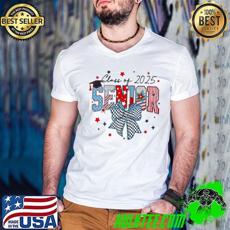 Retro Senior 2025 Class of 2025 Coquette Senior Checkered Usa Flag Guys V Neck