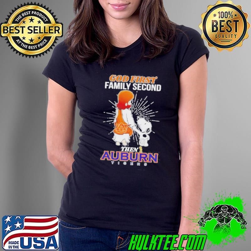 Snoopy Walking God First Family Second Then Auburn Tigers Ladies Tee