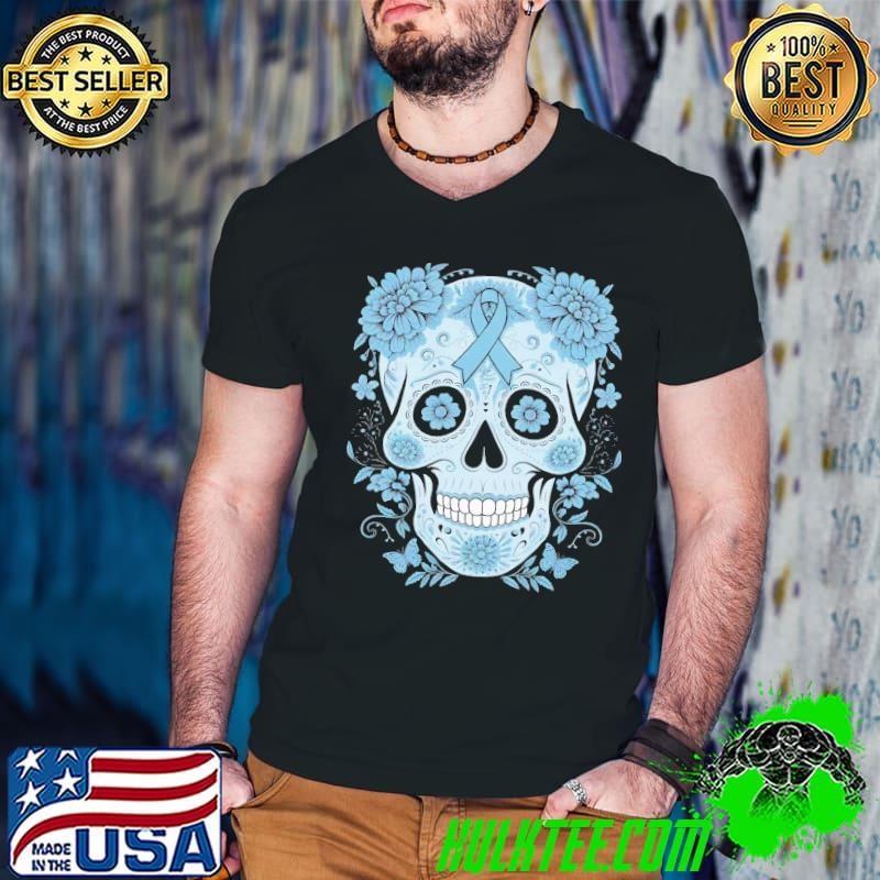 Sugar Skull Light Blue Ribbon Prostate Cancer Awareness Guys V Neck