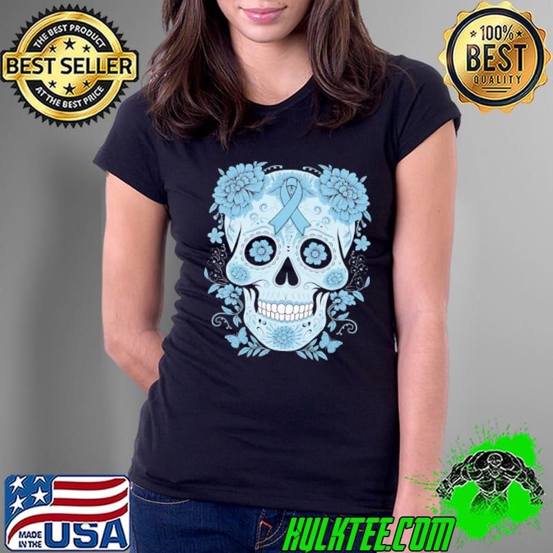 Sugar Skull Light Blue Ribbon Prostate Cancer Awareness Ladies Tee
