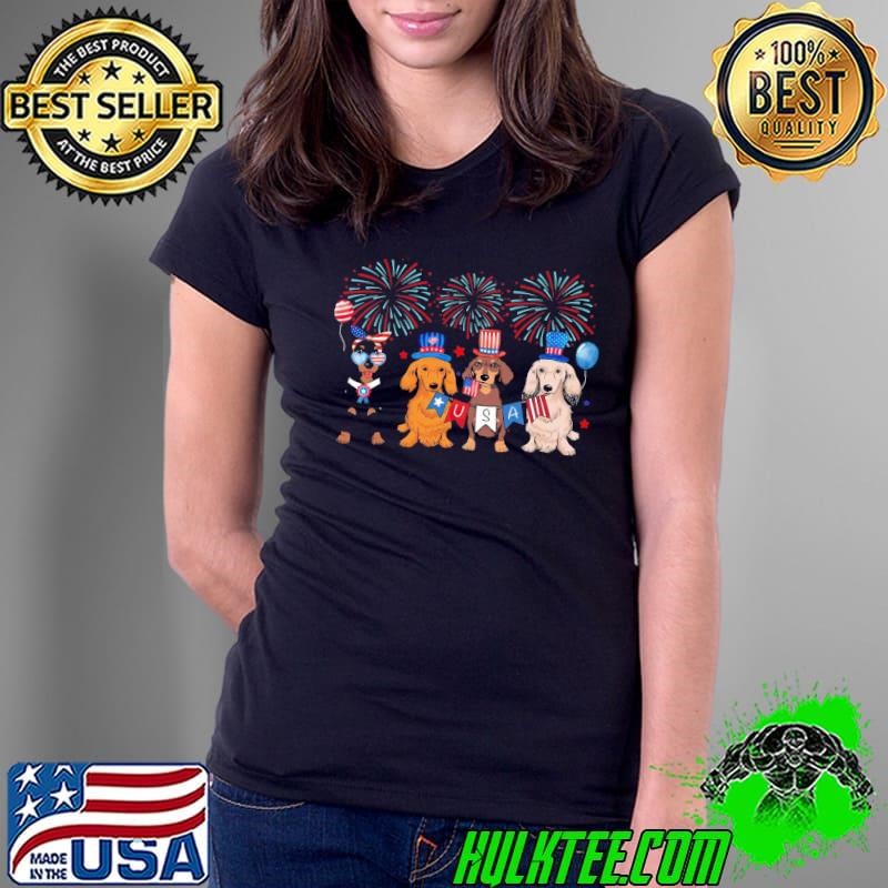 Cyte Dachshund US Flag Firework 4th Of July Weiner Dog Lover Ladies Tee